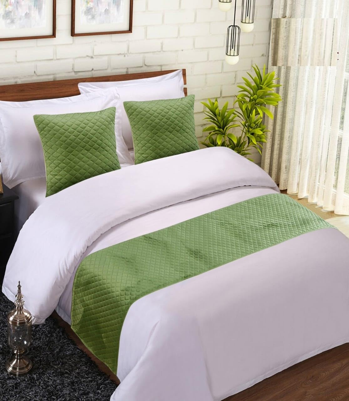 Premium Velvet 210 TC Quilted Bed Runner (16 X 96 Inches) and 2 Pillow Covers (16 X 16 Inches) (Pista)-picture-17