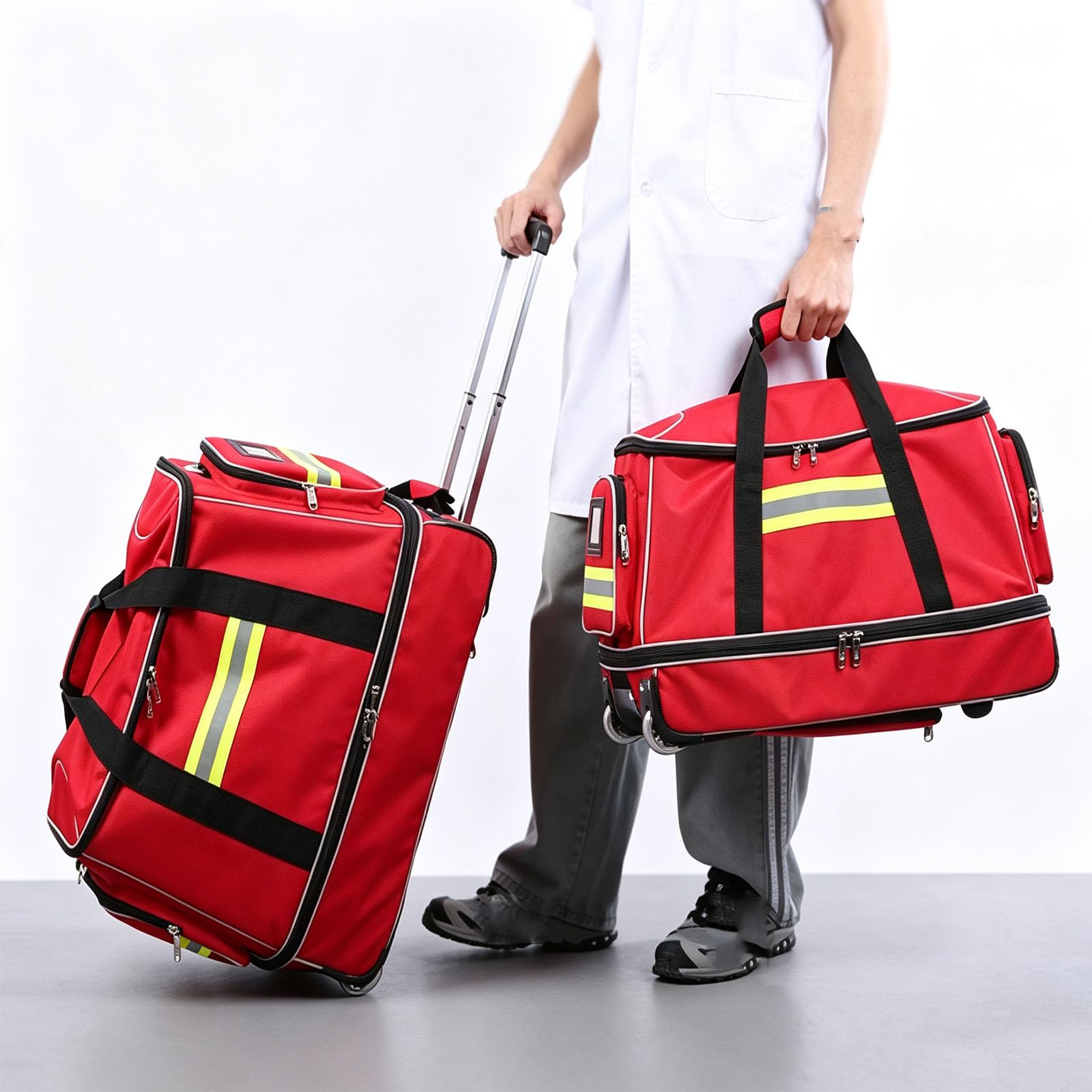 Borsa Medica Con Ruote, Borsa Di Pronto Soccorso Professionale, Cassetta Di Emergenza Con Asta Estraibile, Ampio Spazio Per Forniture Per Paramedici, Infermieri A Domicilio, Medici (rossa).