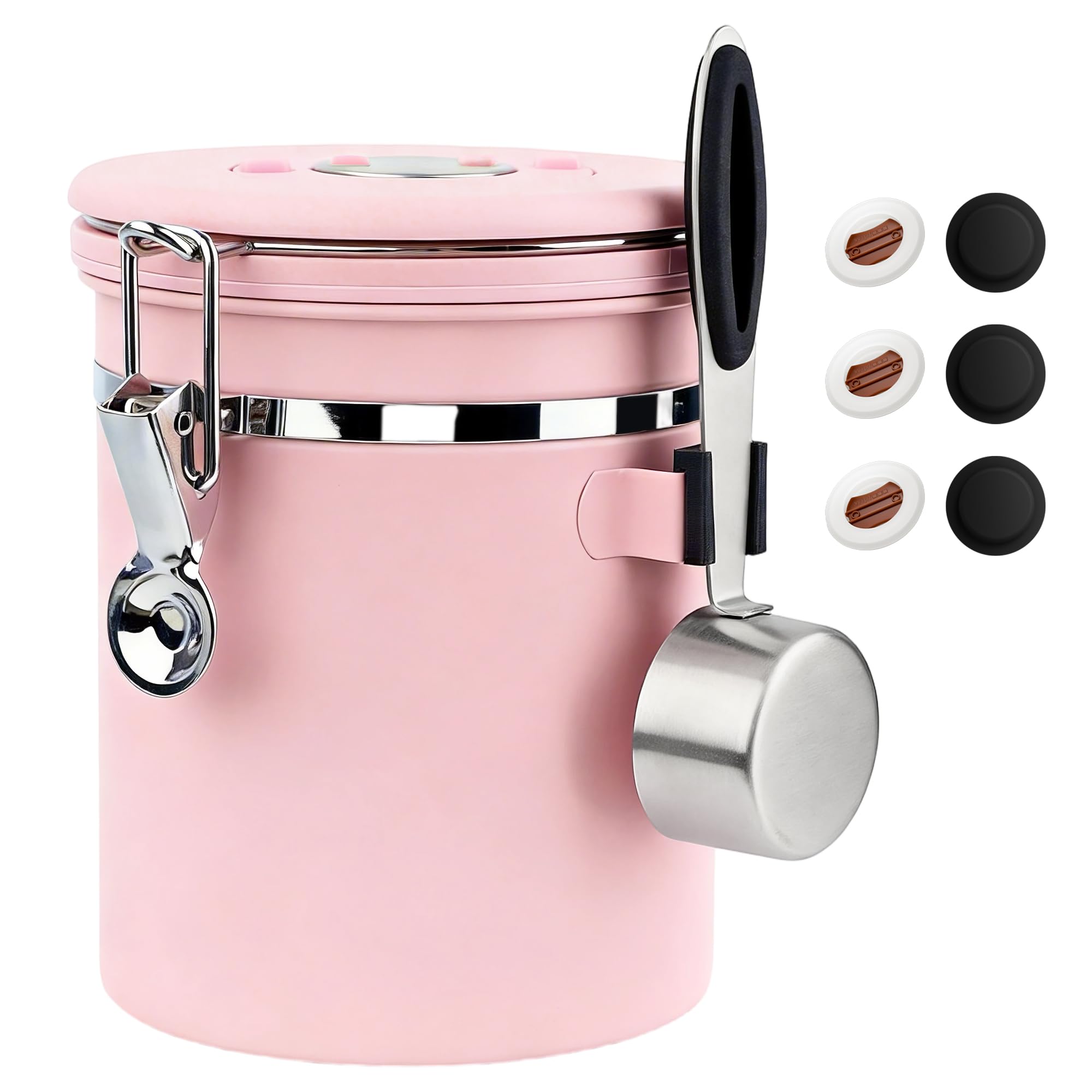 ShanSon Coffee Canister Airtight, Stainless Steel Bean Storage Container with Date Tracker &amp; Scoop, Grounds Sugar Flour Tea Cereal Fits Kitchen Pantry, Ideal Gift for Coffee Lovers,16oz, Pink