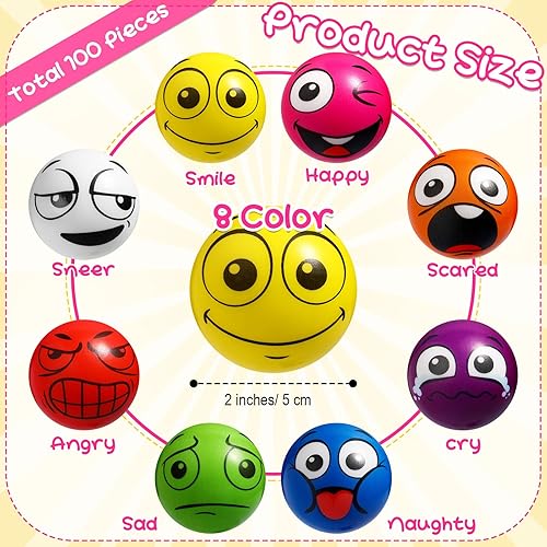 Miniatura 3 de Libima 100 bolas de estrés facial de 2 pulgadas para adultos, grandes, divertidas, para apretar, colorido, emoción, bola de estrés para niños,