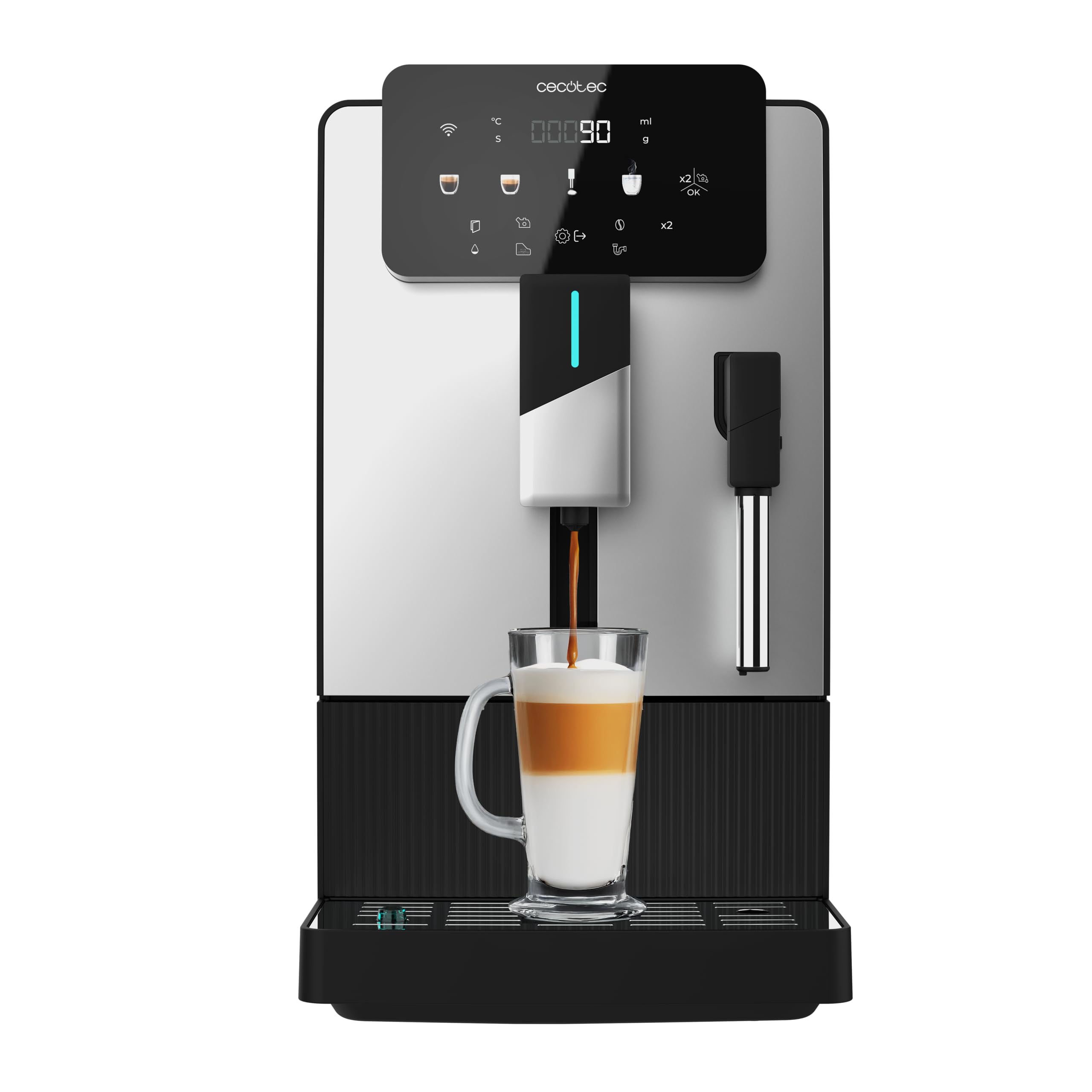 Cecotec Cafetera Superautomática Compacta con Vaporizador Cremmaet Steam Latte Art. 19Bares, Thermoblock, Plug&Play, Molinillo Cónico, 5 Niveles, Depósito Agua 1.1L, Café 150g, Limpieza Automática