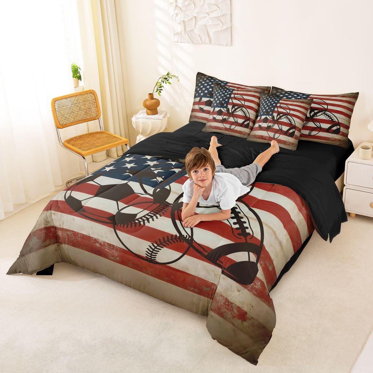 Feelyou Boys Sports Full Comforter Set with Sheets for Kids Boys Girls American Flag 7 Pieces Bedding Set Football Baseball Soocer Basketball Bed in a Bag Room Decor Soft Lightweight Microfiber