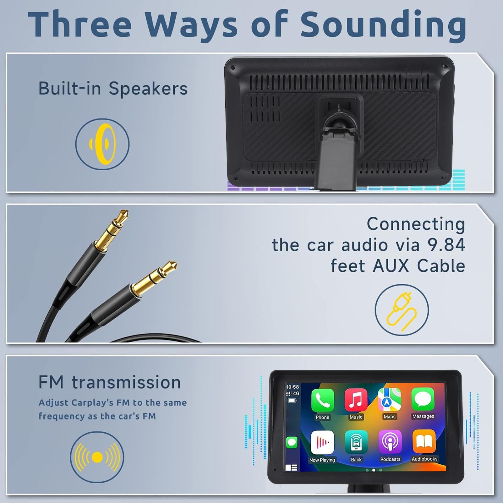 Przenośne Samochodowe Stereo, 7-calowy Bezprzewodowy Ekran Dotykowy HD CarPlay Android Auto Dwudinowe Radio Samochodowe z BT5.0, kamerą Cofania, GPS, Mirror Link, Głosem, FM