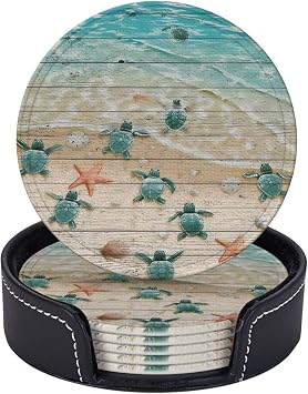 Sea Turtle Beach Printed Round Coasters Set of 6 Pack, PU Leather Heat-Resistant Coaster Set with Holder for Farmhouse, Home, Office & Coffee Bar Decor