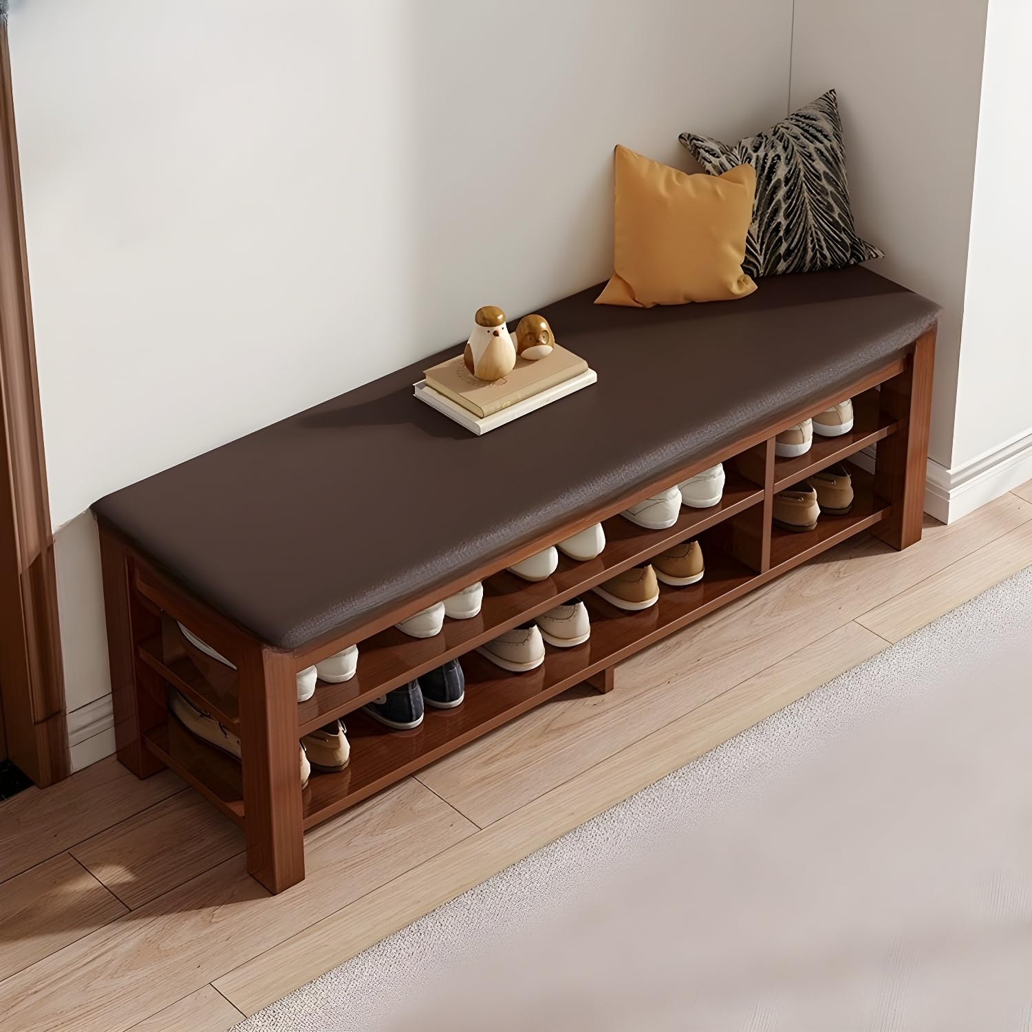 KLGFBDC Entryway Bench with Shoe Rack - Cushioned Wood Storage Bench for Hallway and Mudroom - Functional and Stylish Design