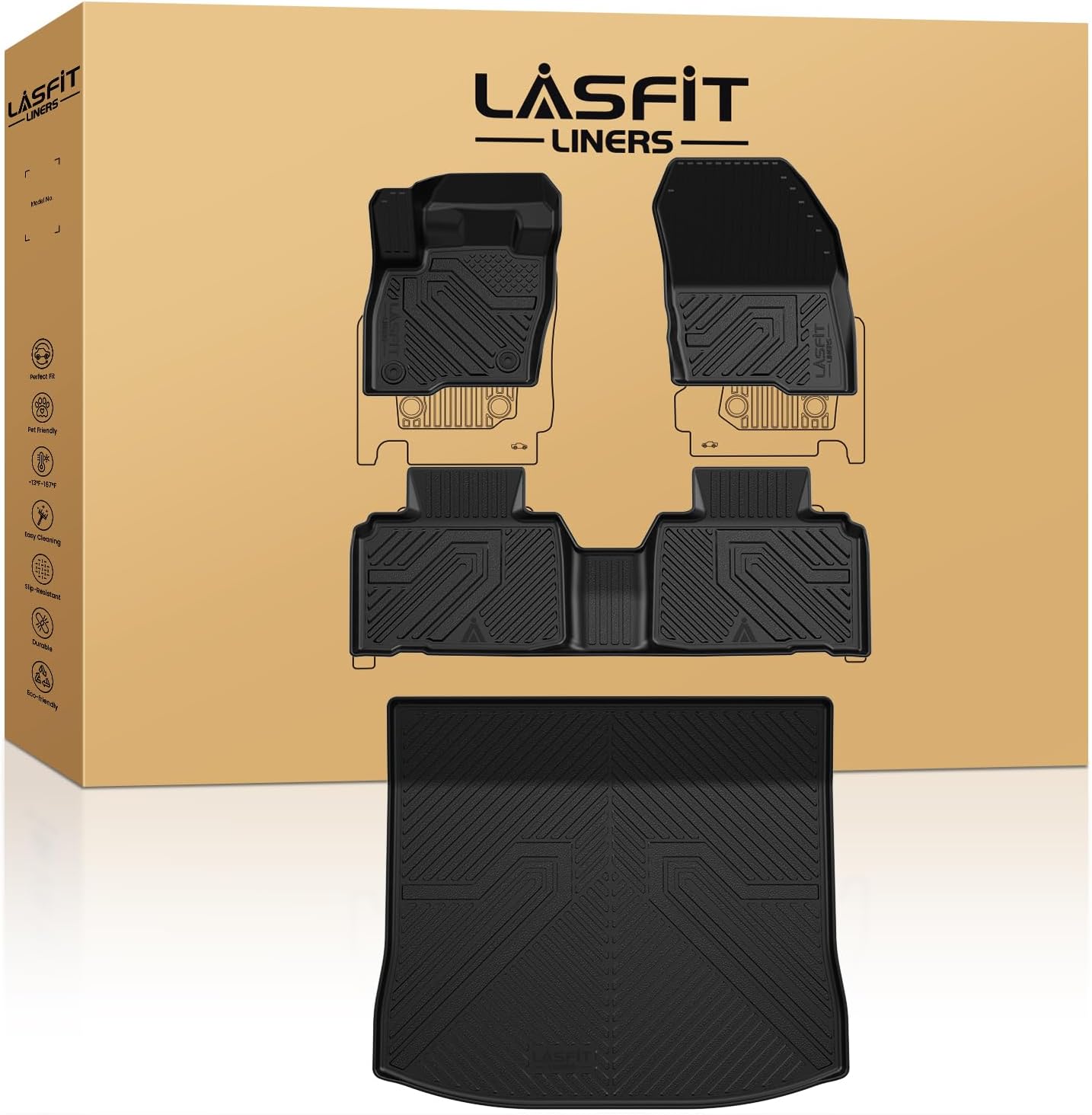 LASFIT Floor Mats and Cargo Liner for Ford Edge 2015-2024 All Weather Protector TPE Car Liners Custom Fit Vehicle Accessories, 1st & 2nd & Trunk Mat Combo Set, 4pcs Black 8) Edge| 15-24 | 2Rows&Cargo