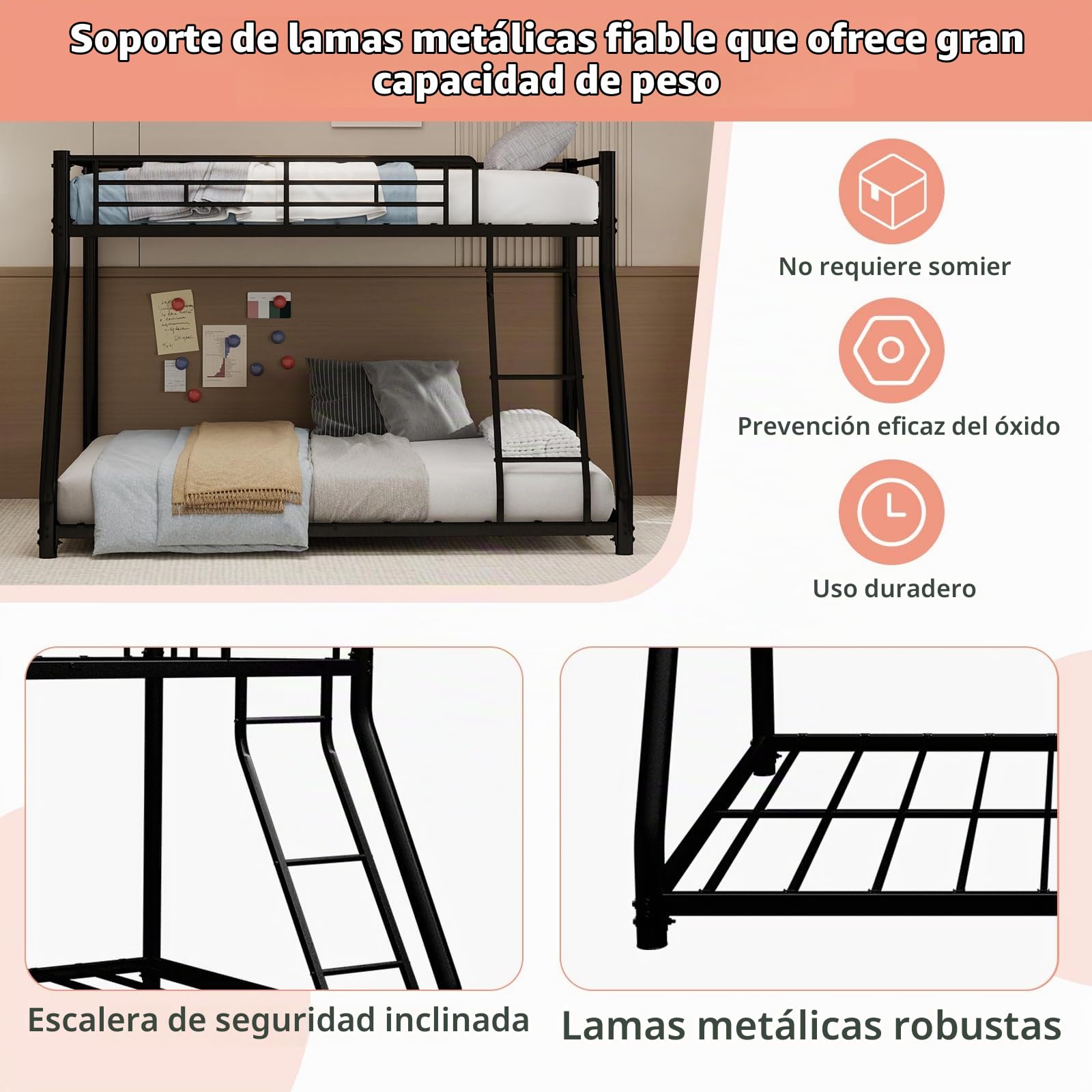 Zepneiy Litera con Superior Medida 90 x 190 cm e inferior Medida 140 x 190 cm, Cama entrepiso de 2 plazas con escalera y estructura de metal negro (sin colchón)
