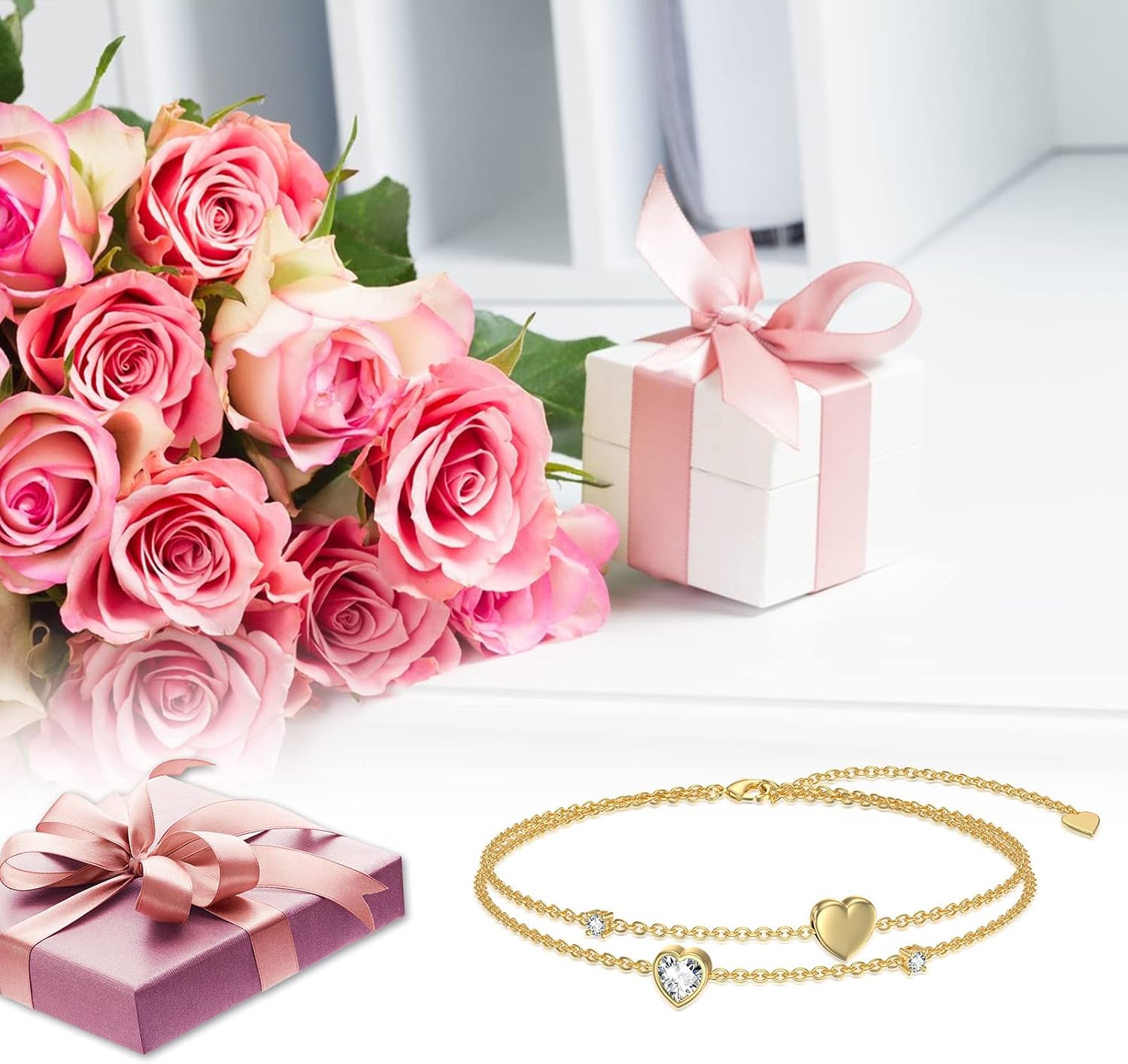 14K Real Gold Heart Layered Bracelet for Women Yellow Gold Heart Bracelet Fine Jewelry Birthday Anniversary for Girlfriend Wife