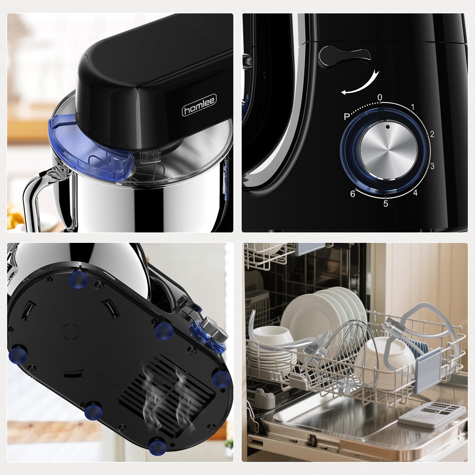 Homlee KüChenmaschine 2000W Knetmaschine,Mit 7.2L EdelstahlschüSsel,6 Geschwindigkeit Pulsfunktion,Mit RüHrbesen RüHrhaken,Spritzwassergeschü Knethaken