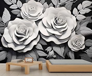 3D Rose Flower Wall Mural, Grey Rose Wall Paintings, Creative Floral Murals for Living Room Bedroom, Flower Pattern 3D Silk Mural, Floral Home Decor & Gift - 110" W x 79" H