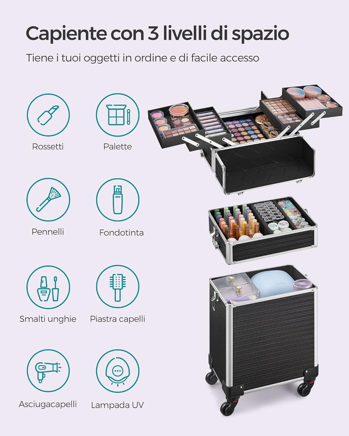 SONGMICS Valigetta Trucchi, Valigia Porta Trucchi 3 in 1, Grande, Trolley Make Up, Beauty Case da Viaggio, 34 x 24 x 70,5 cm, con Serratura, Ruote Girevoli a 360°, per Truccatori, Nero JHZ014B01 SONGMICS Valigetta Trucchi, Valigia Porta Trucchi 3 in 1, Grande, Trolley Make Up, Beauty Case da Viaggio, 34 x 24 x 70,5 cm, con Serratura, Ruote Girevoli a 360°, per Truccatori, Nero JHZ014B01