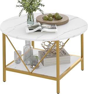 Yusong Round Coffee Table for Living Room, Farmhouse Circle Coffee Table with Storage Shelf, 2-Tier Modern Center Table Wooden Tabletop, Marble White with Gold Frame