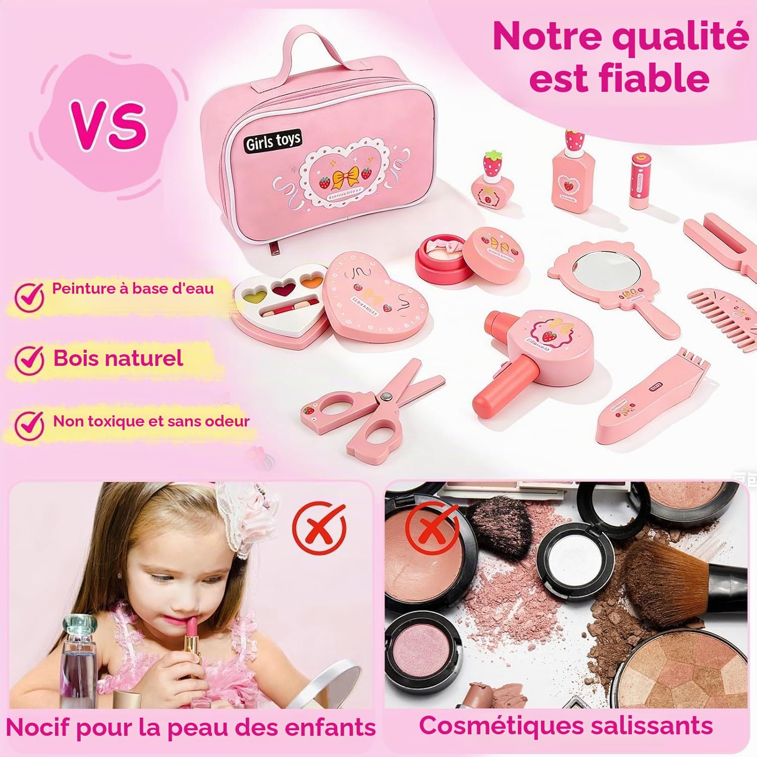 Maquillage Enfant Fille en Bois,Maquillage Bois Enfant Maquillage Enfants en Boises,Maquillage pour Filles,Faux Coffret Jouet,Trousse de Maquillages Cadeau d'anniversaire pour Filles 3+ Ans