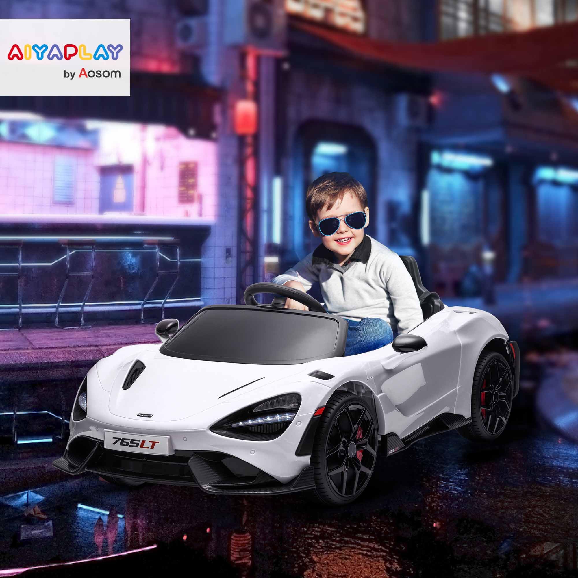 AIYAPLAY McLaren 765LT dziecięcy samochód elektryczny 12 V, pilot zdalnego sterowania 2,4 G, muzyka MP3, pojazd elektryczny z klaksonem, światłem, drzwiami skrzydłowymi, łagodnym rozruchem, 3-5 km/h