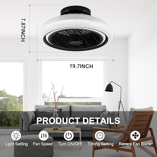 Miniatura 5 de Ventilador de techo de cristal RGB con control remoto de luz, ventilador de techo de 19.7 pulgadas, montaje empotrado, RGB regulable, LED, 6