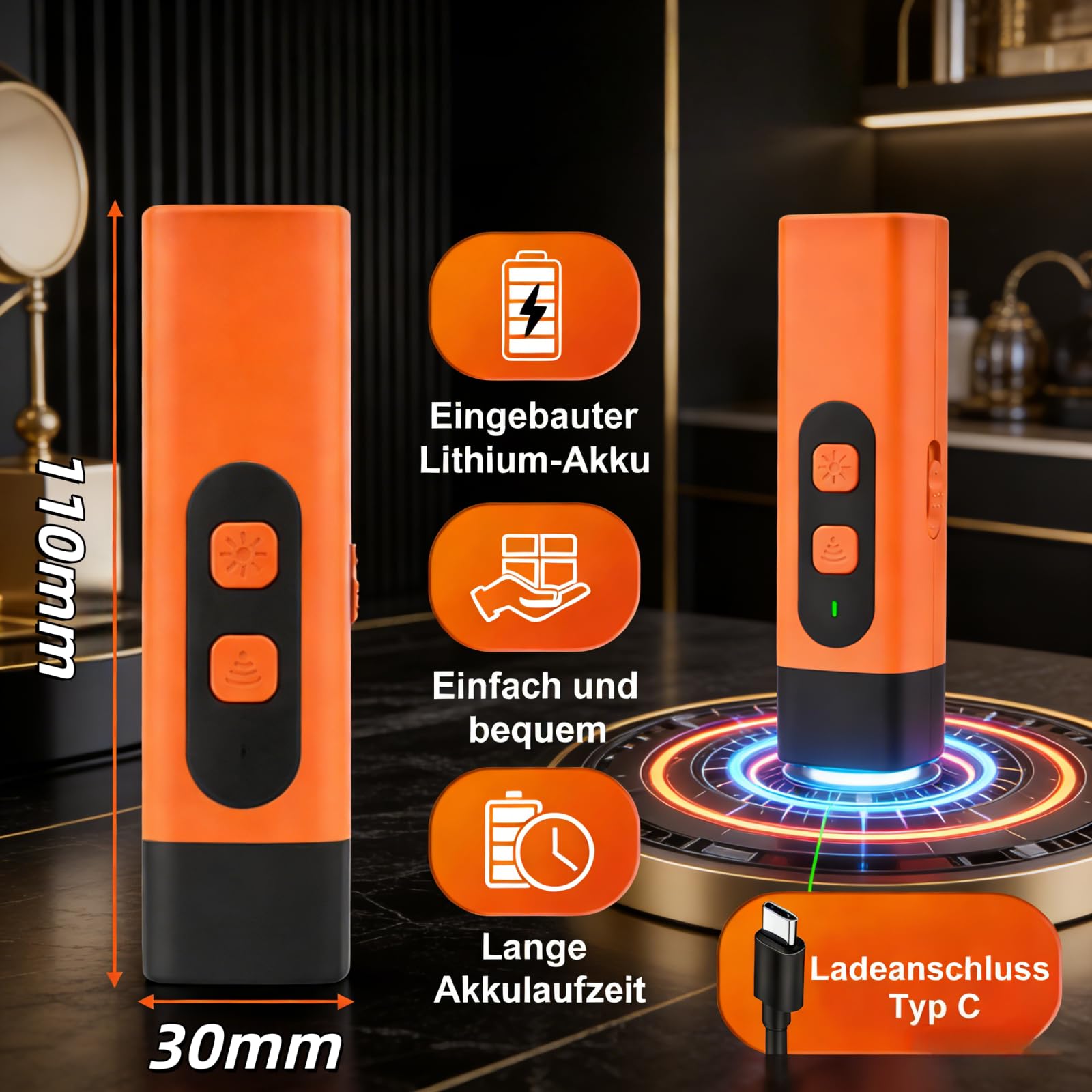 Dr Zampe RuheMeister Pro Antibell dispositivo ultrasonico con 3 livelli di frequenza, ricaricabile e torcia a LED, per cani piccoli e grandi, uso interno ed esterno (arancione)
