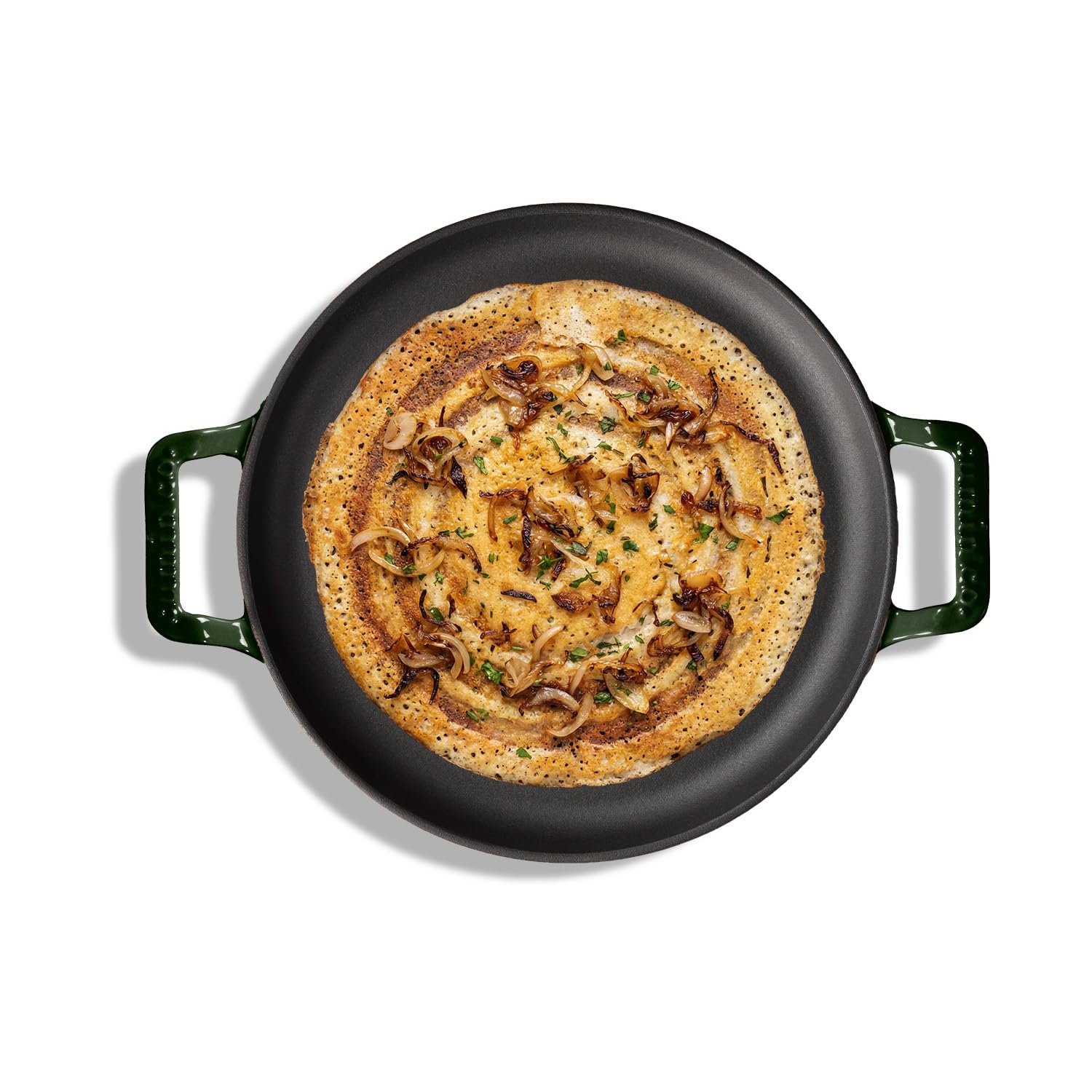 CUMIN CO. Cast Iron Non Stick Dosa Tawa 30 cm | Induction Base Cookware | 10 Year Warranty | Chemical Free Coating | Non Toxic Tawa for Dosa/Chilla | Free Accessories | No Seasoning Needed | Green