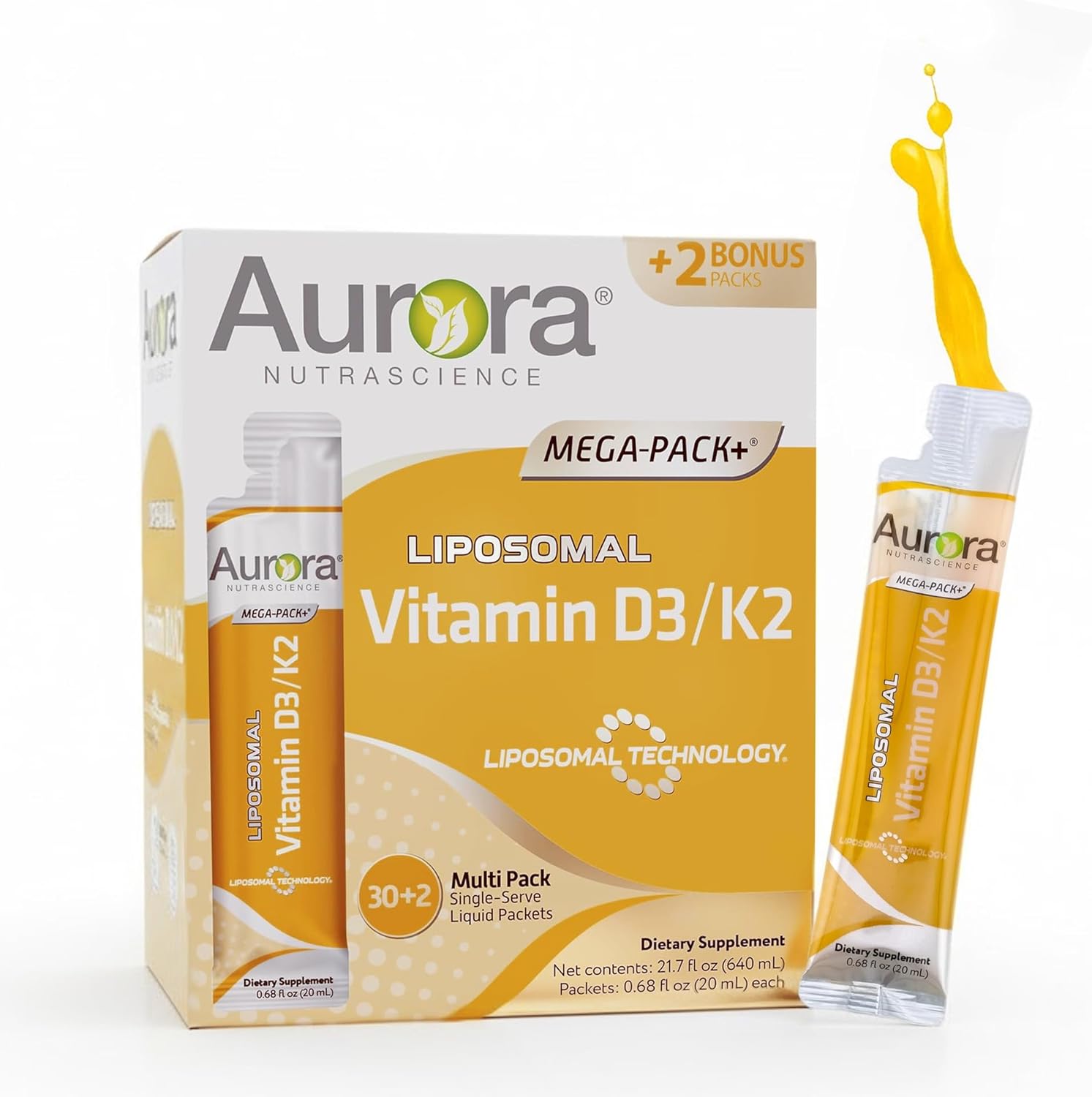 Aurora Nutrascience Liposomal D3 with K2 Mega-Pack - Liquid Vitamin D 3 K 2 Supplement for Adults, Healthy Immune and Bone Support, Vegan, MCT-Enhanced, Superior Absorption - 32 Single Serve Packets