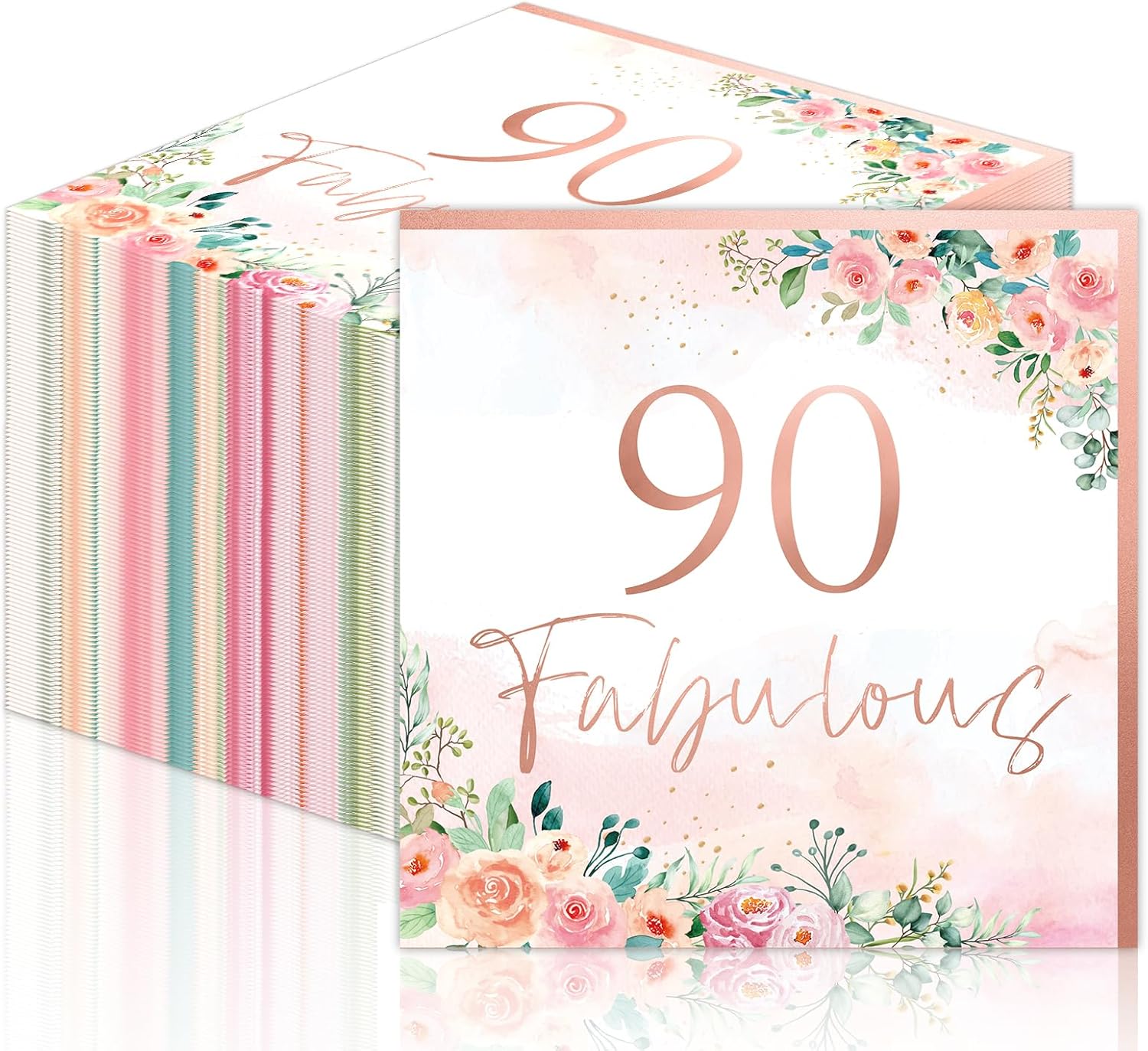 50pcs Fabulous Rose Gold Floral Paper Napkins - Happy 90th Birthday Party Supplies for Women