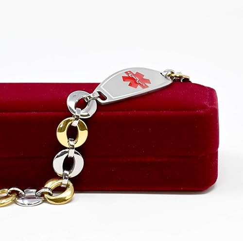 Miniatura 7 de Pulsera médica para mujer con grabado gratis, acero inoxidable, personalizable, tamaño personalizado, cadena de tono dorado de 0.6 in