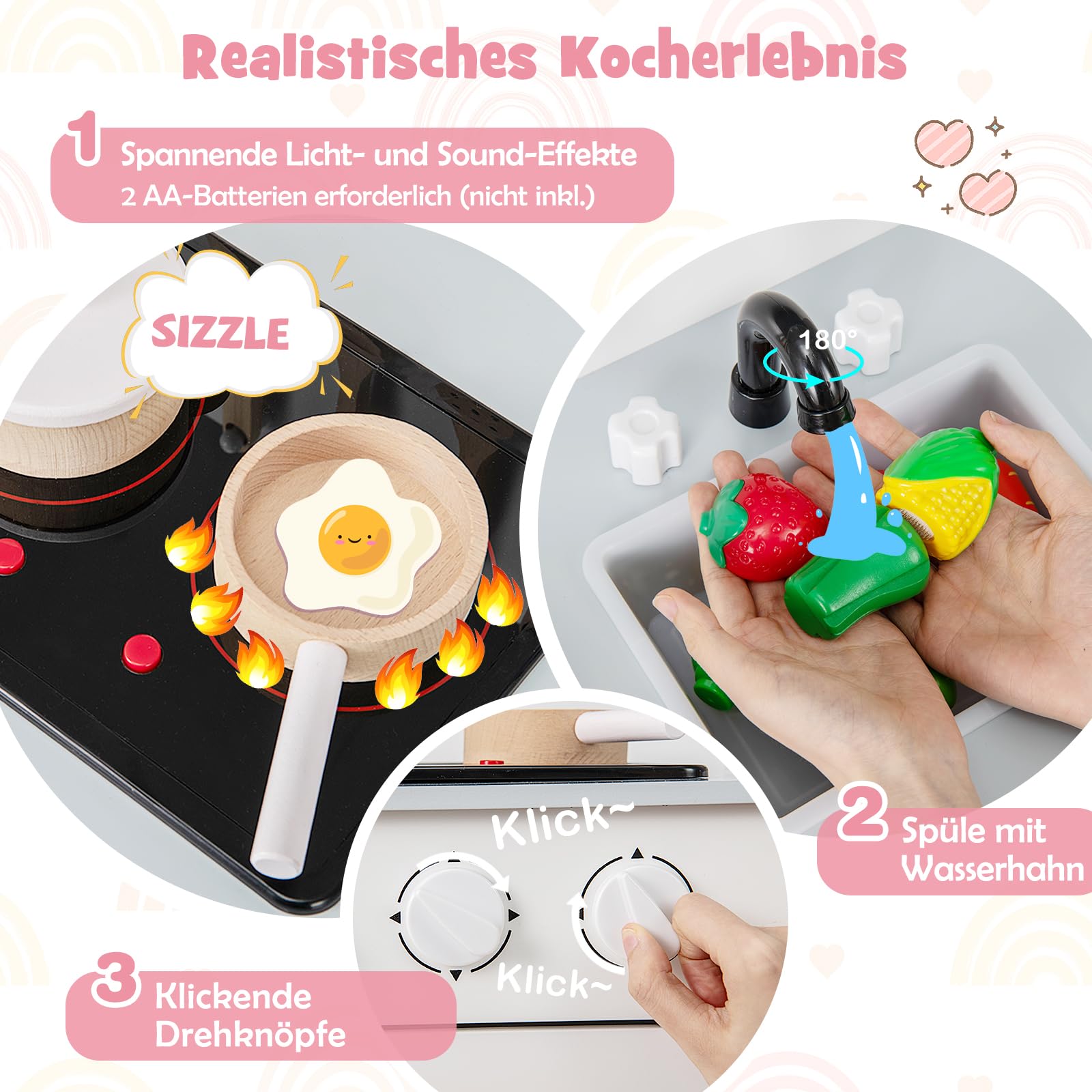 DREAMADE Kinderküche Holz mit 10 TLG. Zubehör, Kinder Küche mit Waschbecken Herd Backoffen, Mini Holzküche, Spielküche mit Licht und Geräuschen für Kleinkinder ab 3 Jahren (Weiß)