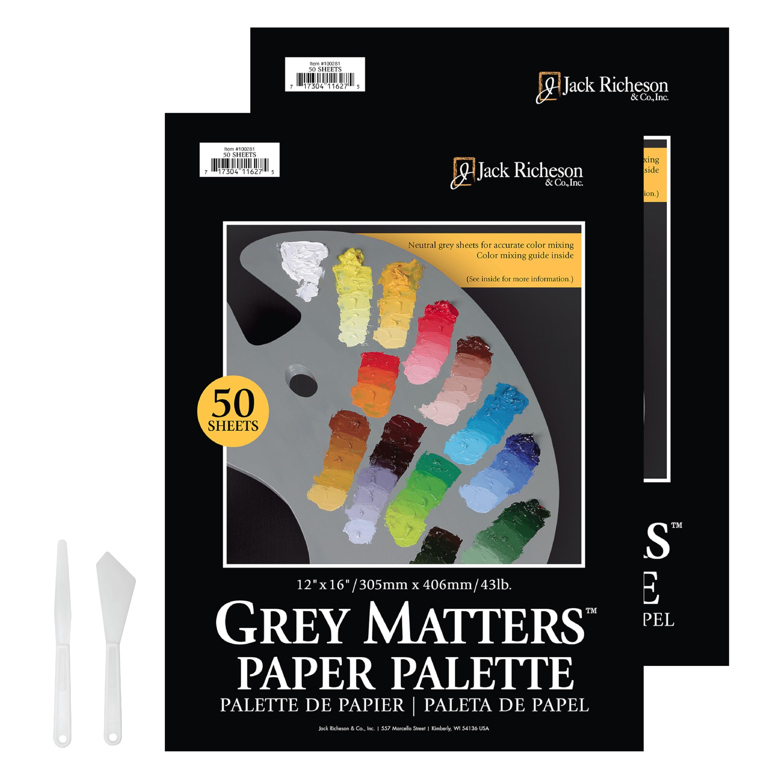 Jack Richeson Grey Matters Lot de 2 palettes jetables en papier 30,5 x 40,6 cm, comprend 2 couteaux à palette