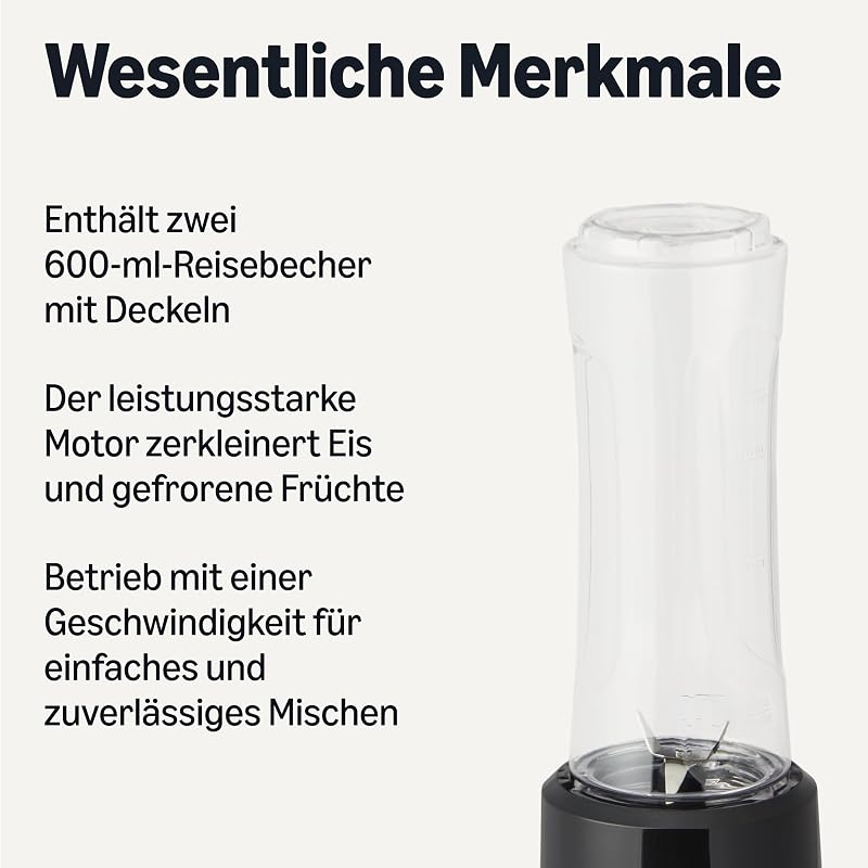 Amazon Basics Hordozható Turmixgép 600ml, 300W, 2 Palackkal, Fekete