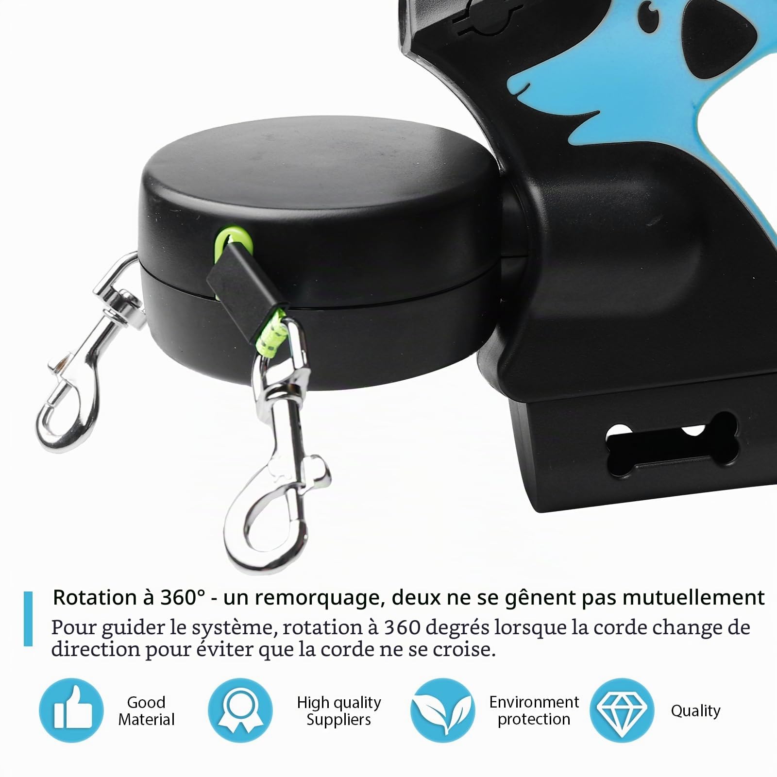Laisse double rétractable pour chien - Avec lumière LED - Extensible - Pour 2 chiens - Flexible 3M - Poignée antidérapante - Bouton de frein rapide - Pour chiens de petite et moyenne taille - Bleu