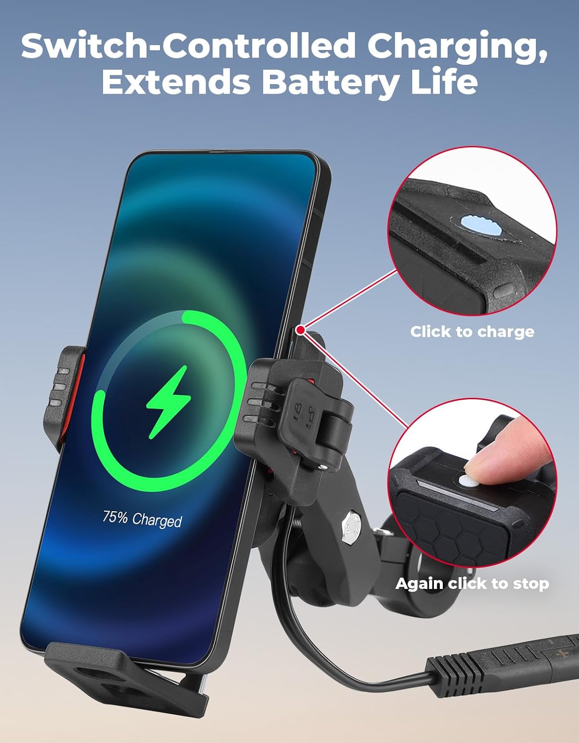 KEMIMOTO Anti-Theft Motorcycle Phone Mount with Qi 15W Wireless Charger & 33W PD/USB-C Fast Charging Port, Anti-Vibration Dampener, One-Hand Operation, 360° Adjustable for 5.4''-7.2'' Cellphone