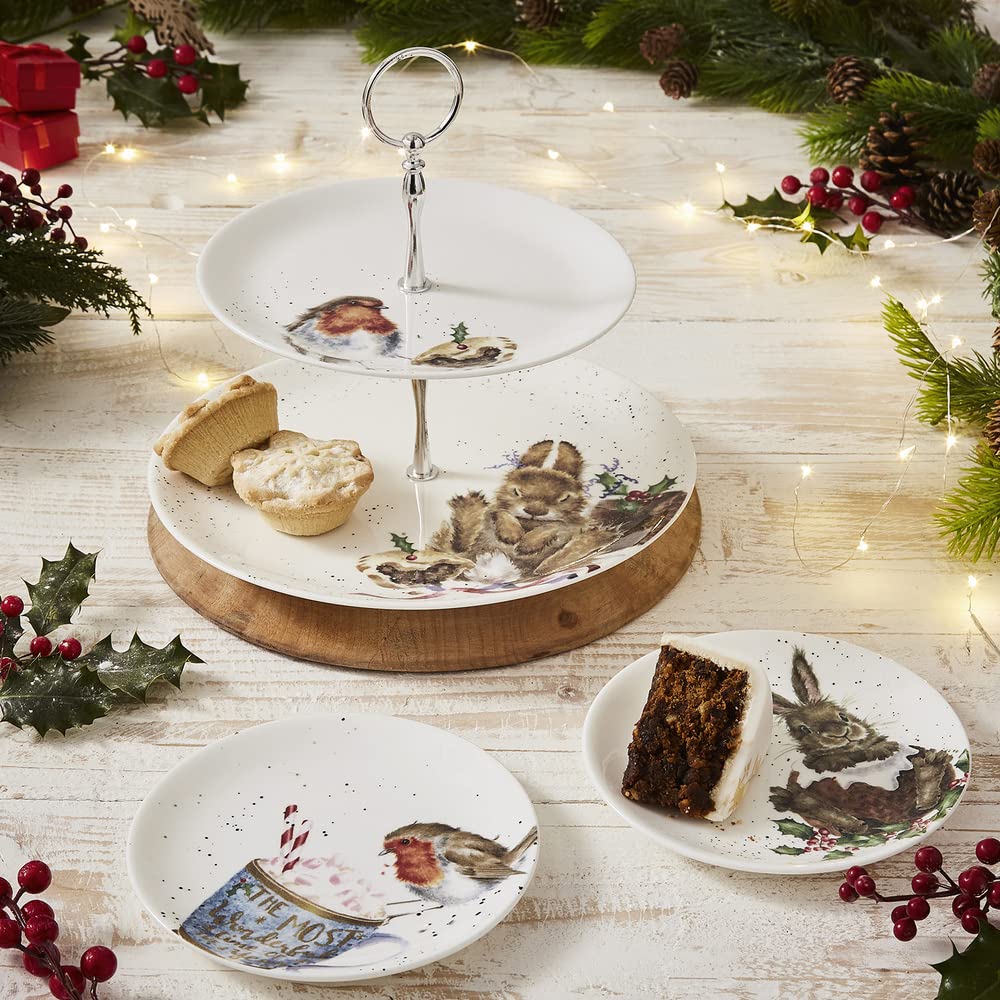 Wrendale Designs Royal Worcester Wrendale Deigns Présentoir à gâteaux Festif à Deux étages Motif Rouge-Gorge et Lapin Blanc