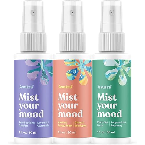 ASUTRA Multi-Use Essential Oil Aromatherapy Spray (3 Scent mini Sampler), 1 fl oz Each – Mist for Face, Body, Rooms & Linens – Car, Fabric, and Bathroom Freshener
