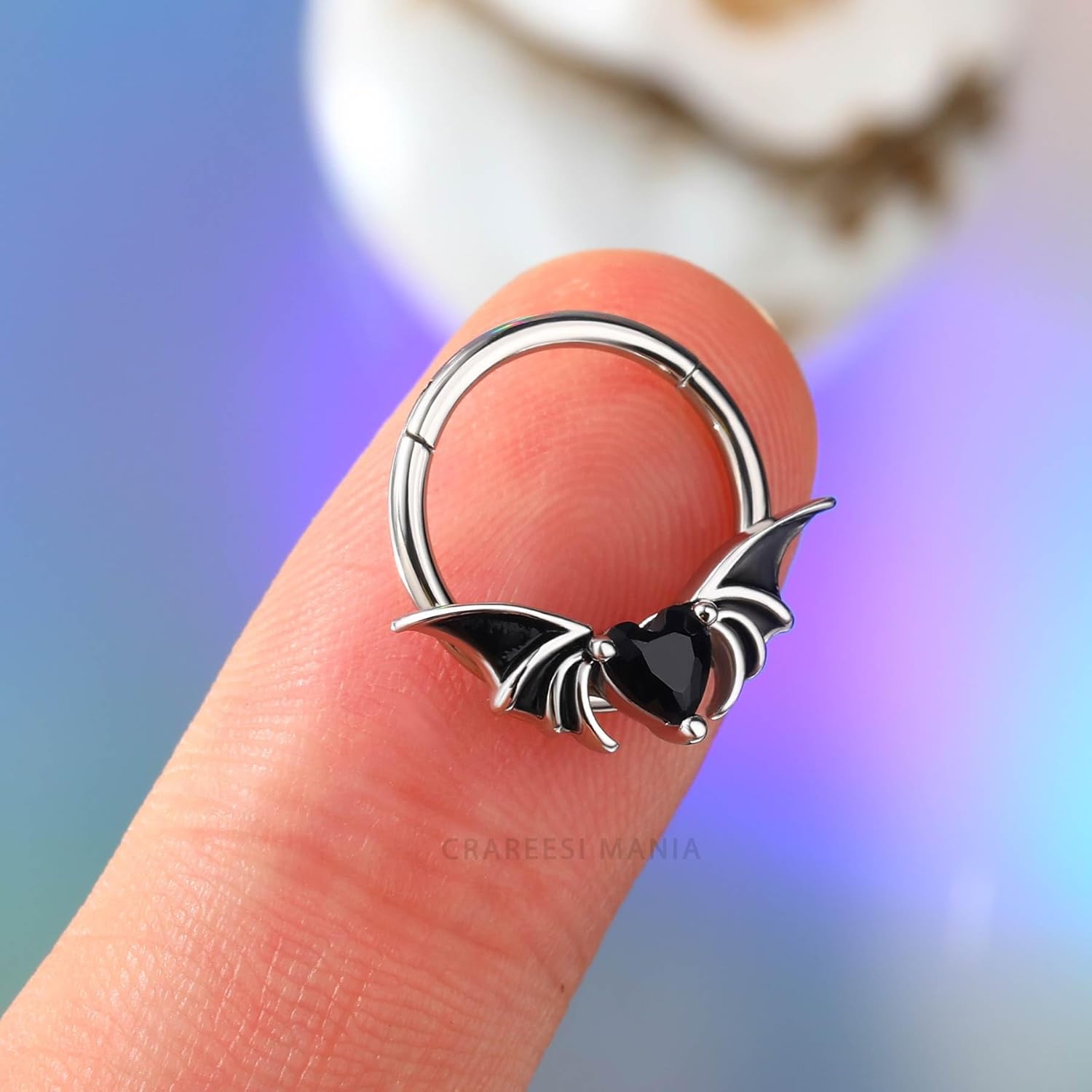 CM Crareesi Mania Black Septum Rings Bat Septum Piercing Jewelry 316L Stainless Daith Earrings Helix Cartilage Piercing Jewelry 16G Black Heart CZ Septum Ring - Image 5