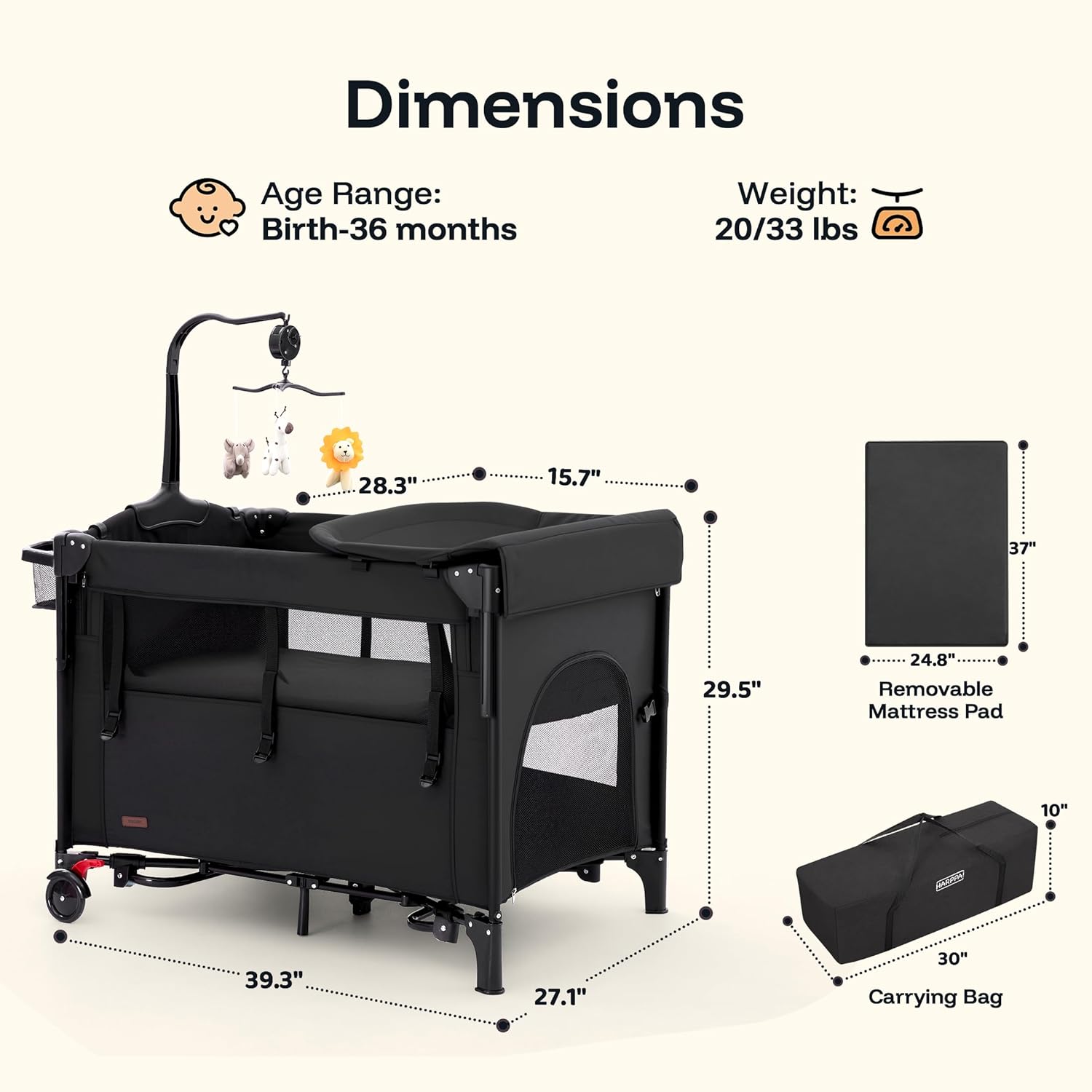 HARPPA Pack and Play 6 in 1, Portable Baby Playard for Travel, Baby Bassinet Bedside Sleeper with Mattress, Rolling Bassinet for Infant, Pack n Play with Changing Table, Bed Crib(Black)