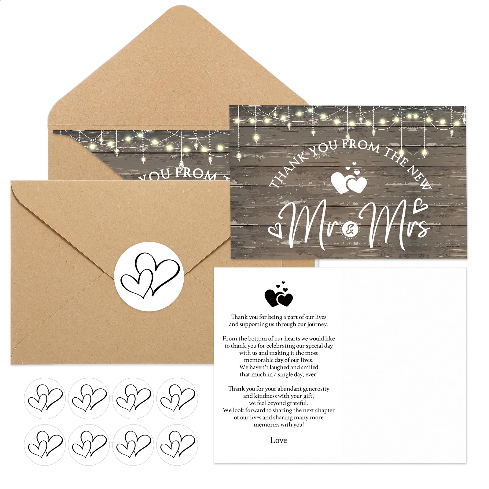Spakon 100 Sets Wedding Thank You Cards with Envelopes and Stickers Wedding Themed Kraft Paper Thank You Card with Message Mr and Mrs Thank You Notes