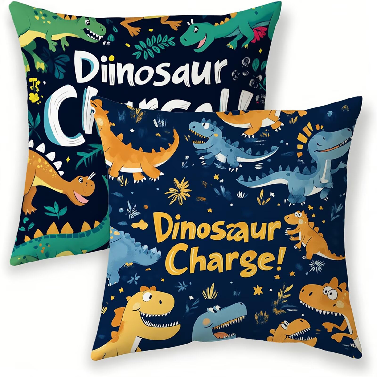 Coussin extérieur imperméable anti-tache 45x45, housse lin dinosaure bleu marine
