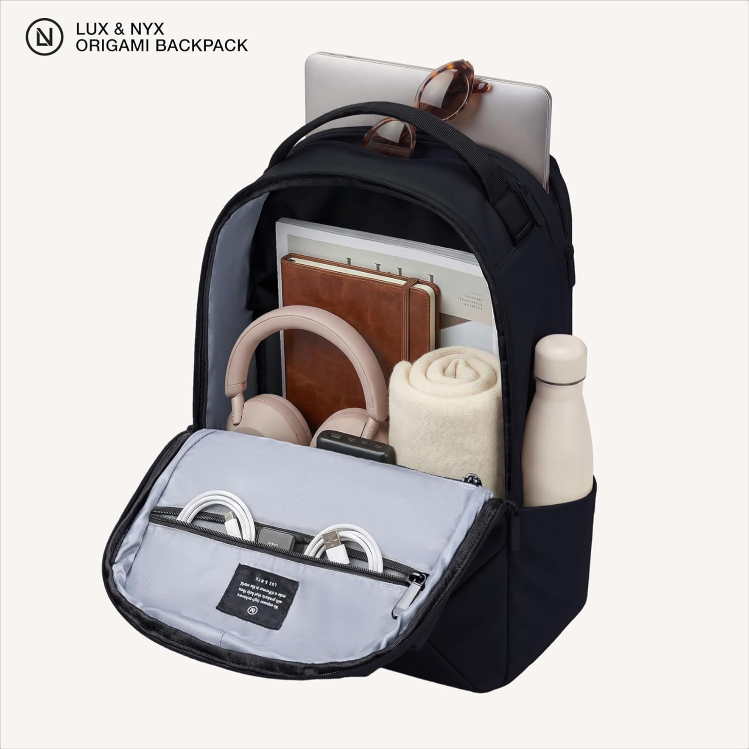 Lux & Nyx Origami Laptop Backpack for Work and Travel - Fits 16" MacBook Pro - Lightweight Business Bag - Men and Women (Black)