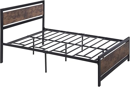 Miniatura 4 de Polibi Cama de plataforma de tamaño matrimonial, marco de cama de metal y madera con cabecero y estribo, no necesita somier (negro, matrimonial)