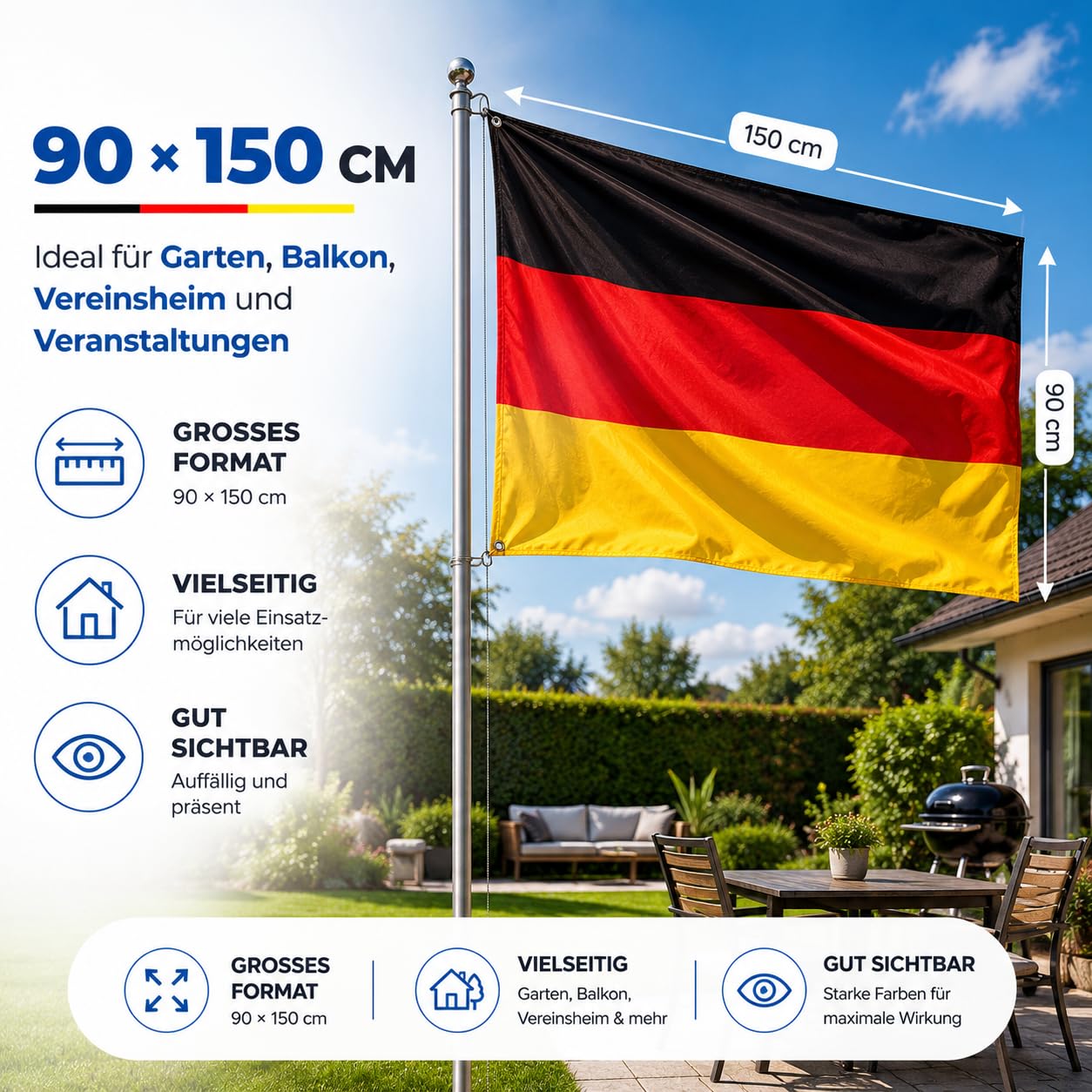 Banderas de Alemania (150 x 90 cm) en negro, rojo y oro, con ojales para colgar, ideal para la Copa del Mundo 2026, incluye 1 planificador de partidos A3.
