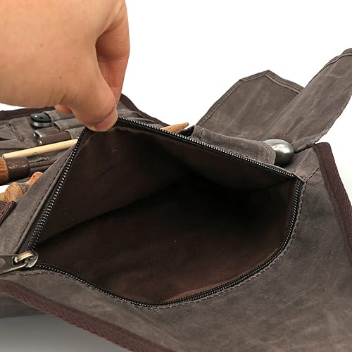 Miniatura 6 de TOURBON Bolsa enrollable para herramientas de lona encerada bolsa de transporte con cincel para tallar madera de 25 bolsillos bolsa de herramientas