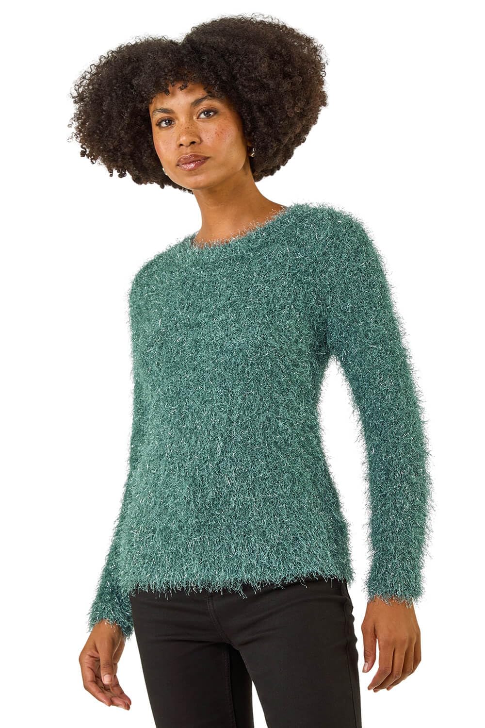 Roman Women's Sage Metallic Fluffy Knit Jumper Size 18