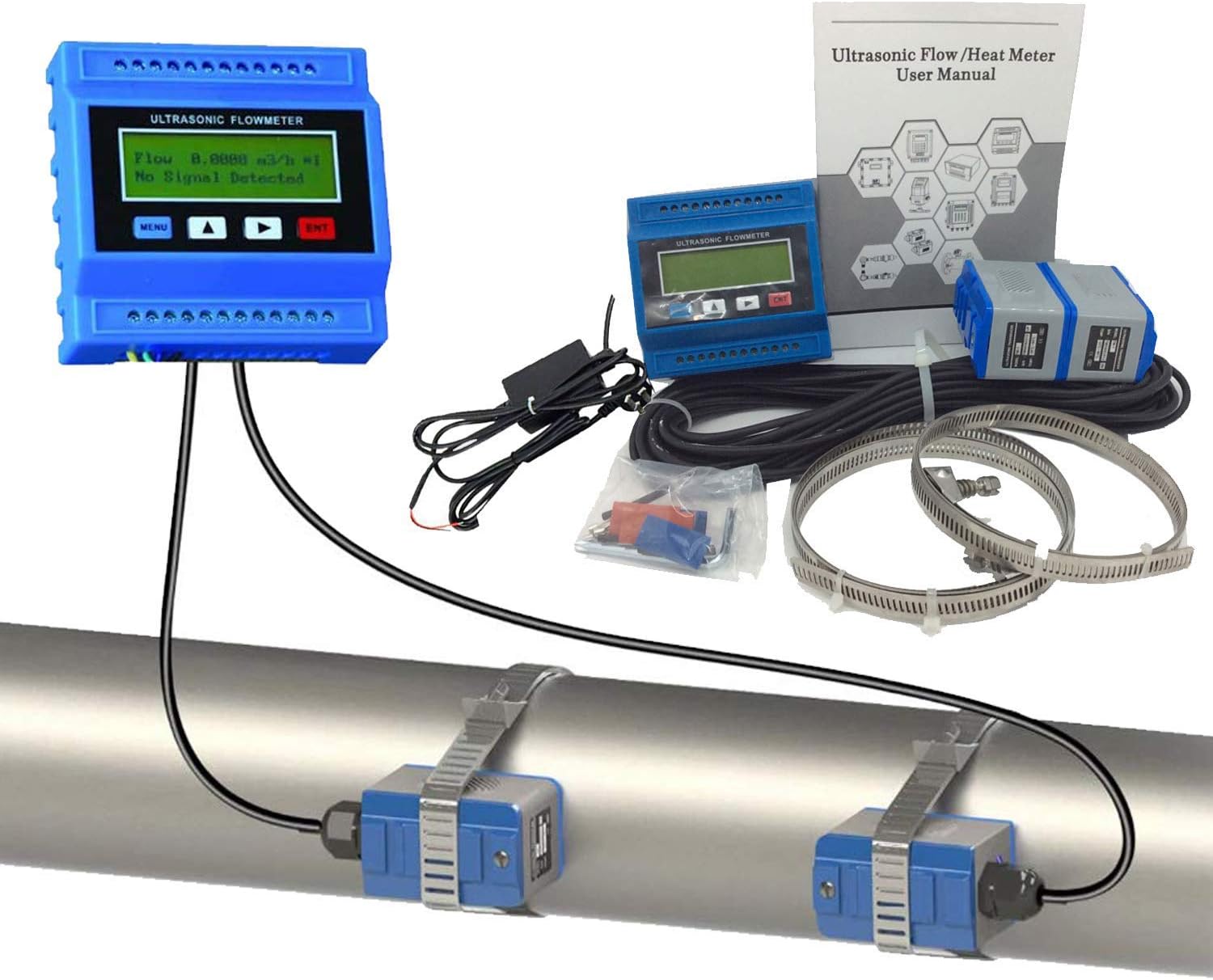 Ultrasonic Flow Meter With Power Adapter DN15-100mm 0.59-3.93in Clamp On Transducers Flowmeter