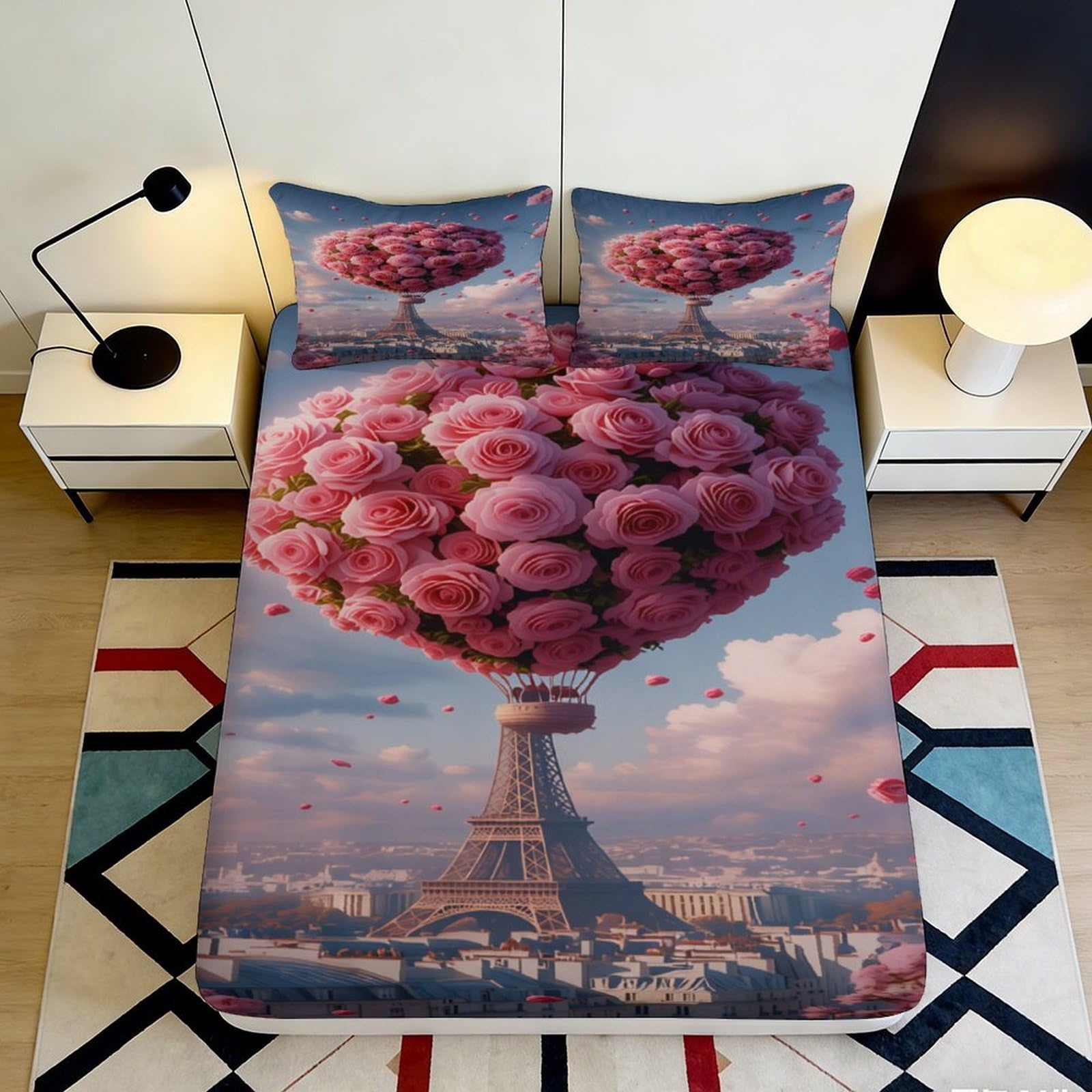 3D Printed Pink Rose Hot Air Balloon Fitted Sheet Microfiber Soft Eiffel Tower Mattress Cover for Bedroom Decor 90x200x25cm