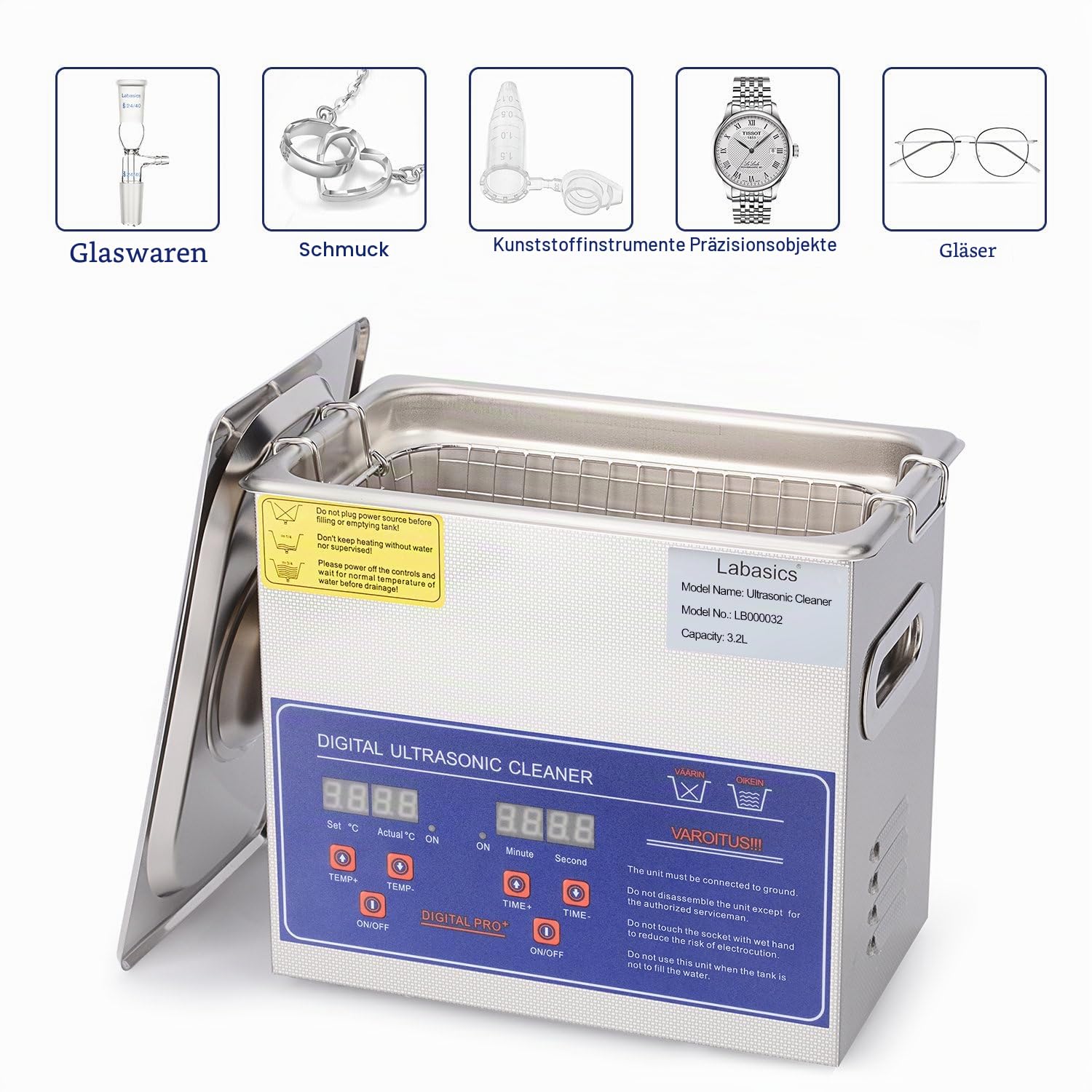 Labasics Ultraschallreiniger, Professioneller Allzweck-Ultraschallreiniger aus Rostfreiem Stahl mit Digitalanzeige-Timer und Wärmesteuerung für Labor 220V, 3.2L