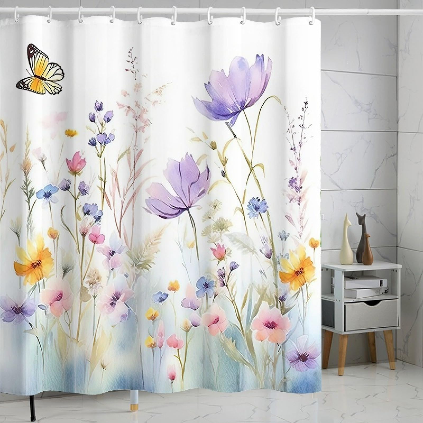 Shower Curtains Purple Yellow Flowers Wet Room Shower Curtain Mould Proof Resistant Waterproof Polyster Fabric Washable with 12 Hooks Garden Bathroom Curtains (180x180cm)