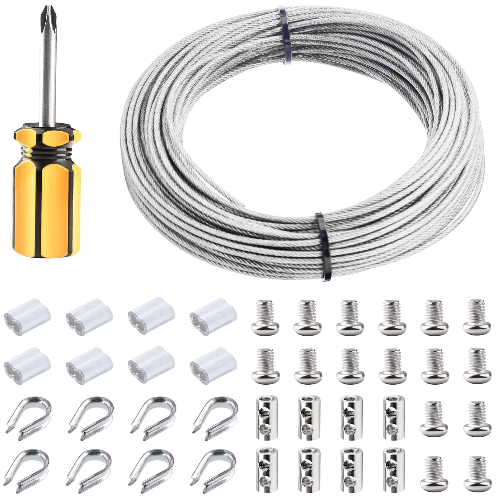 Wire Rope 2 mm, Steel Cable Coated 20 m, 304 Stainless Steel Rope, Stainless Steel Rope with Aluminium Sleeves, Stainless Steel Wire Can be Used for Stranded Core Hanging Pictures, Clothes Cord, Light