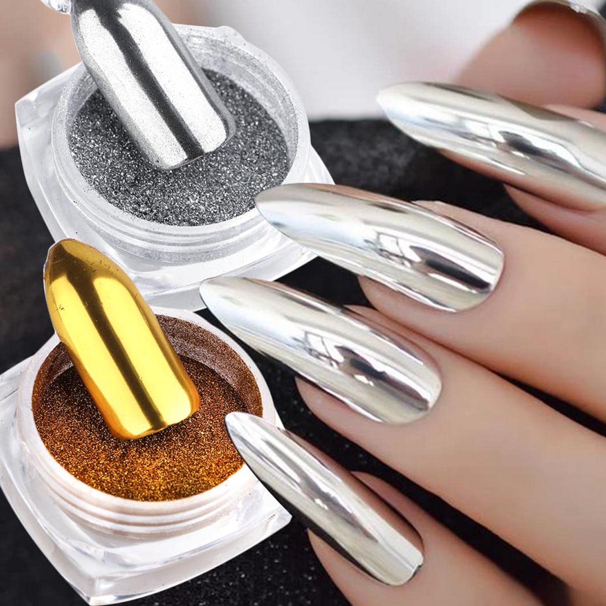 2Boxes Set Gold Powder Pigment Nail Art Craft Classical Golden Glitter Powder Flash Dust Decoration Paint Coating Bright-Silver Nail Mirror Glitter Powder Gold Silver Metallic Effect Pigment