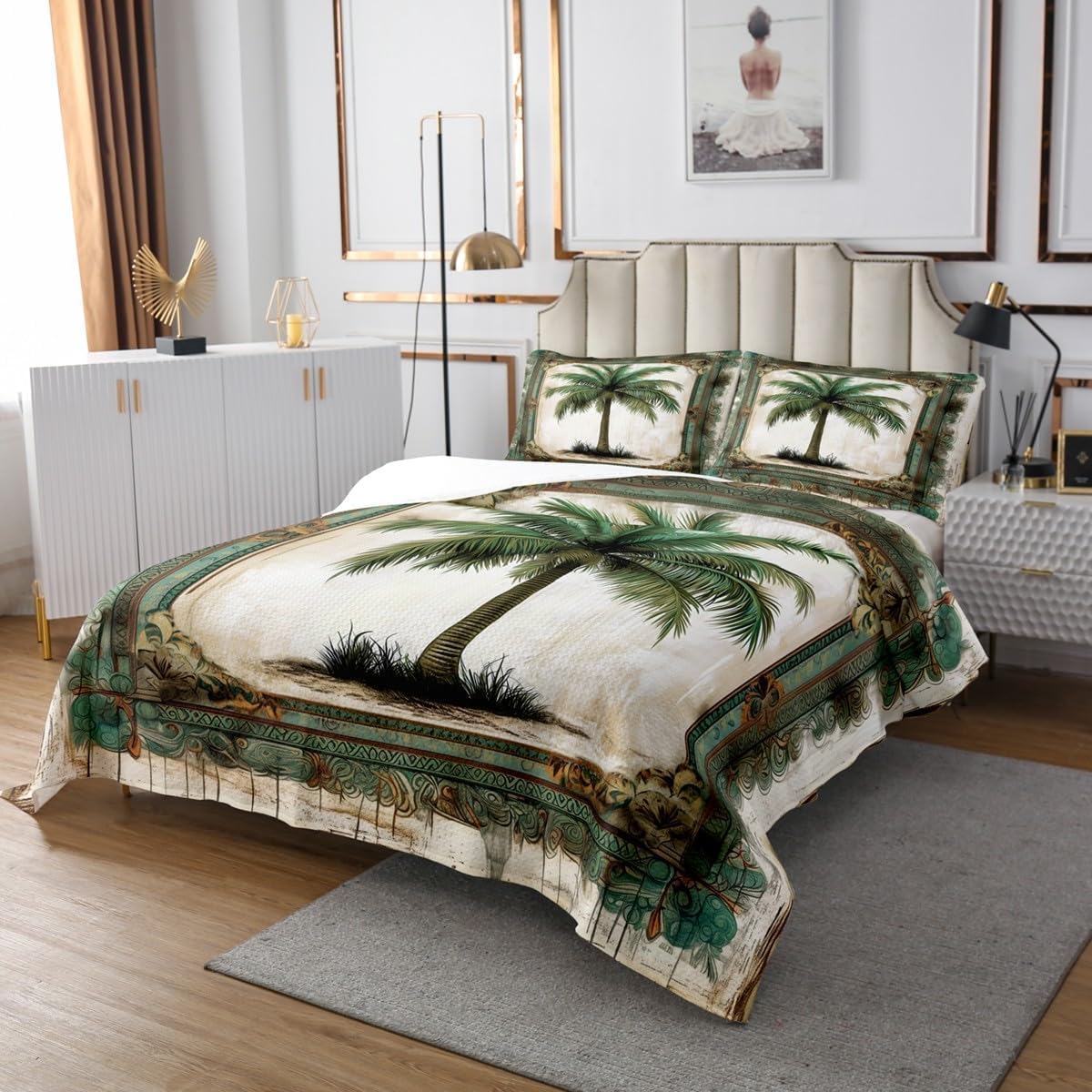 Tropical Coconut Tree Quilt Set Queen Size 1 Bedspread 2 Pillowcases