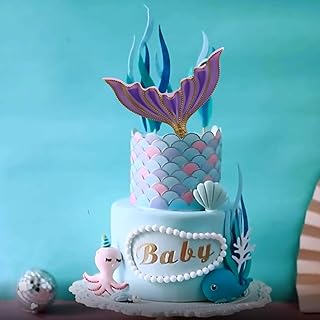 Decoración para tartas con temática de océano de sirena con escamas de pescado (2) + cola de pez (1) decoración de pastel ...