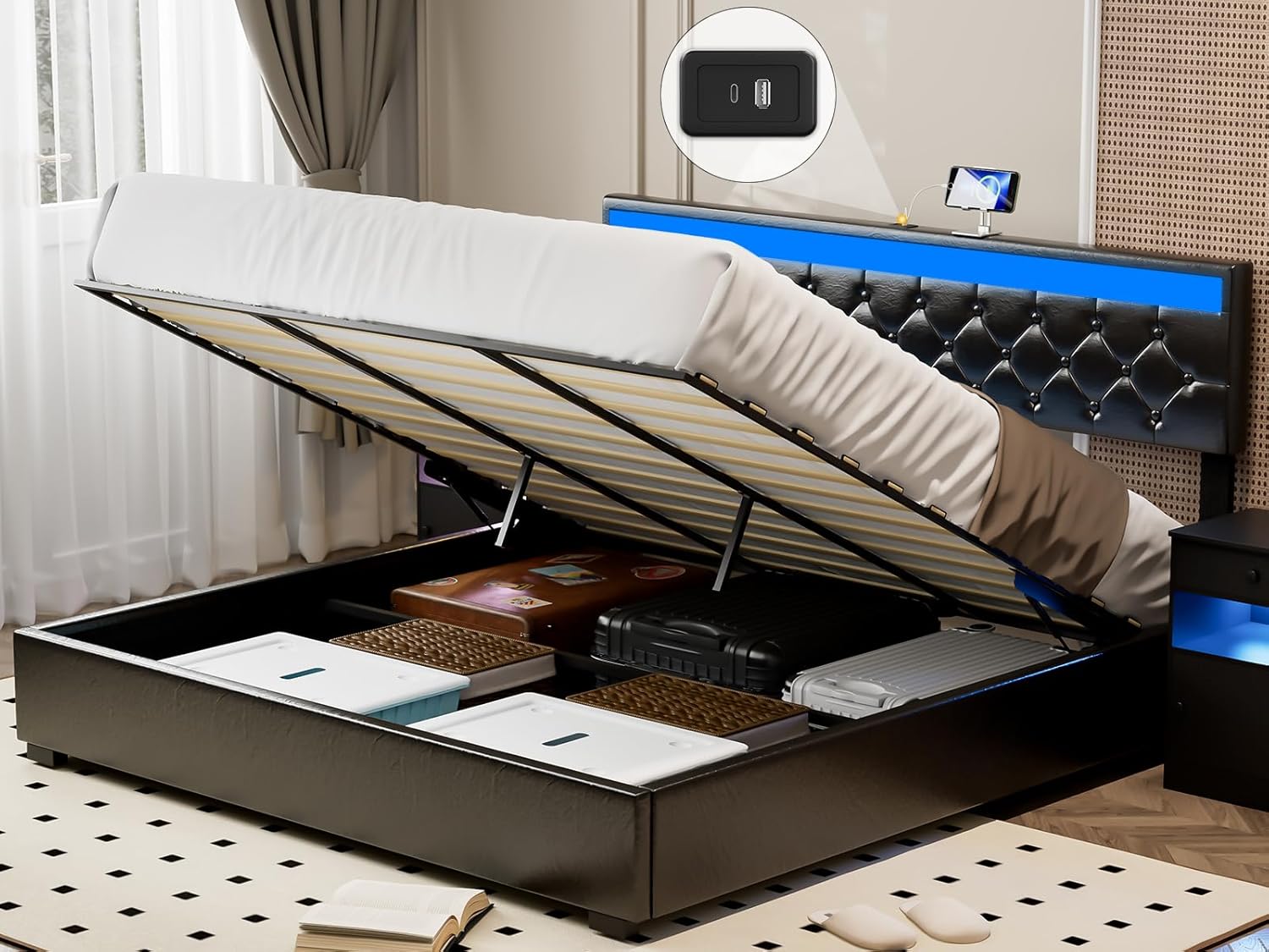 IKIFLY King Size Lift Up Storage Bed Frame, Upholstered