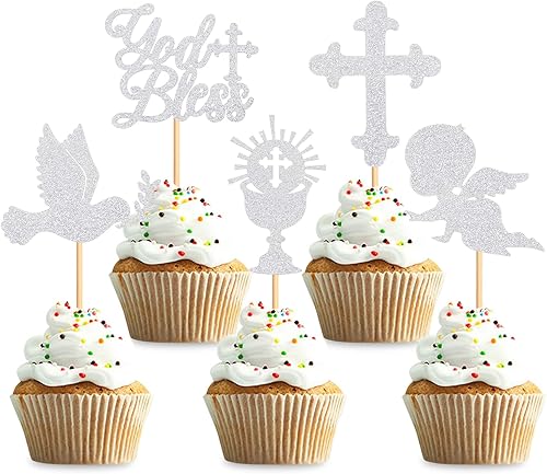 Paquete de 35 adornos para cupcakes con diseño de cruz para baby shower, bautismo, suministros de decoración de fiesta, color plateado
